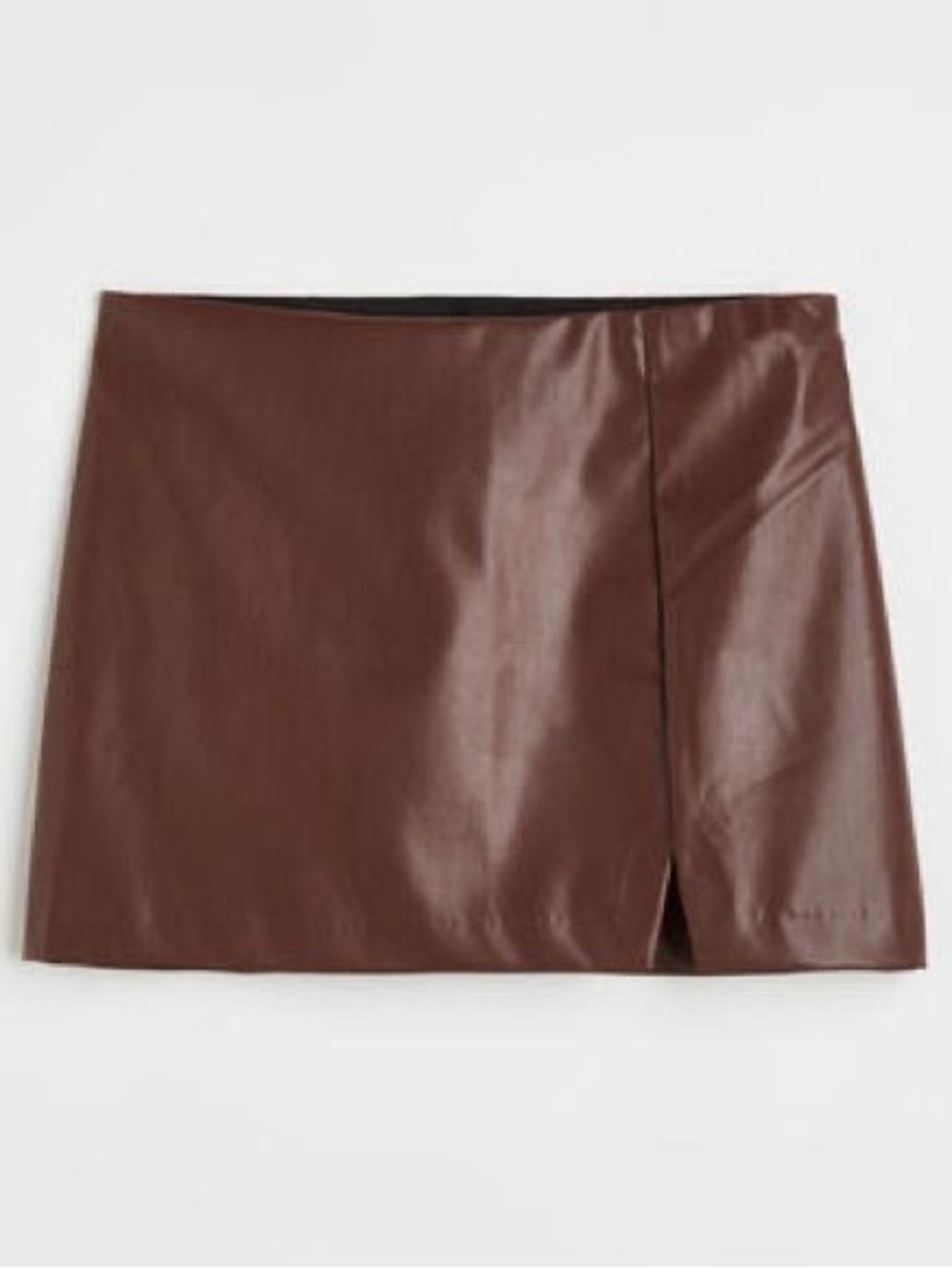 Divided Brown Faux Leather Mini Skirt with Side Slit